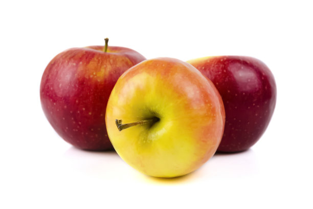 一组黄色和两个红色的苹果。在白色背景上孤立的三个苹果组成。模板。水果。图片下载