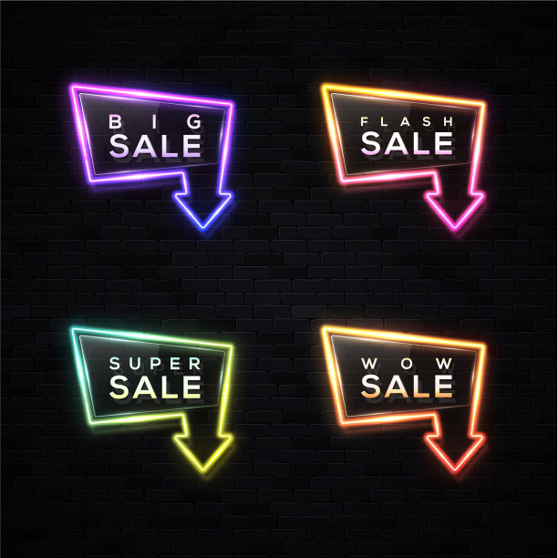 大减价霓虹灯箭头标志设置在黑色背景图片下载