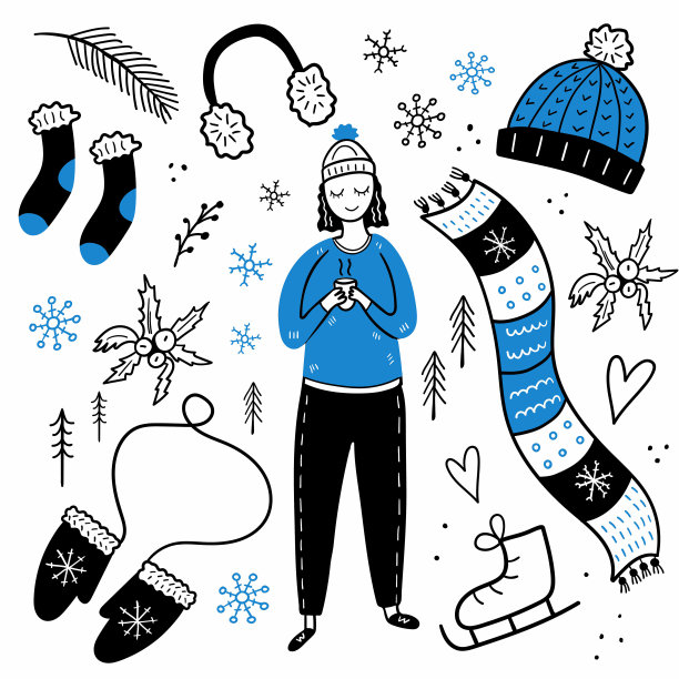 女孩和冬天的衣服。帽子，围巾和手套雪花和斯堪的纳维亚设计，耳机和配件涂鸦矢量集图片下载