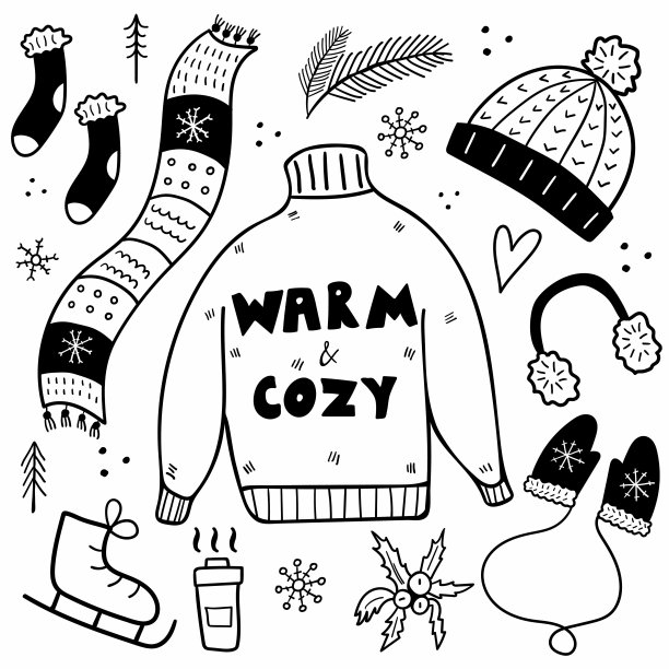 冬天的衣服。帽子和围巾，毛衣和手套雪花和斯堪的纳维亚设计，耳机和圣诞配件涂鸦矢量集图片下载