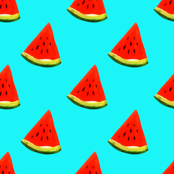 多汁的西瓜模式。红切西瓜。无缝模式上的蓝色背景。图片下载