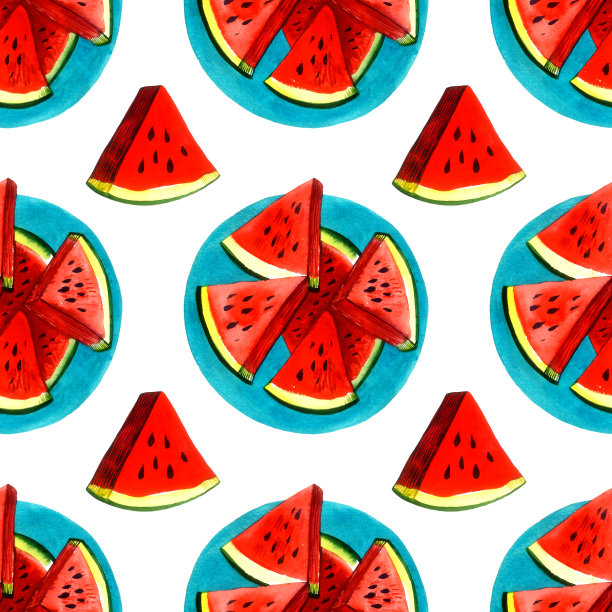 多汁的西瓜模式。蓝色盘子里放着红色的切片西瓜。无缝模式上的白色背景。图片下载