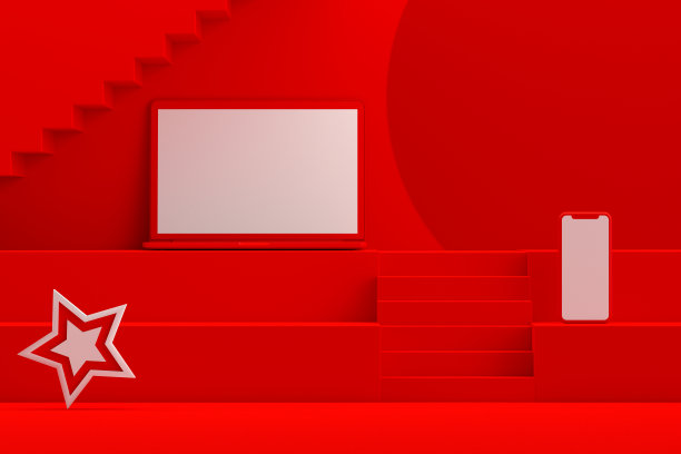 空白屏幕笔记本电脑圣诞新年概念，红色背景，楼梯站讲台图片下载
