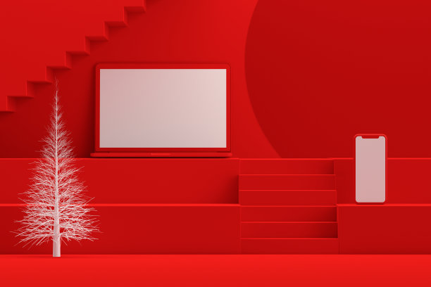空白屏幕笔记本电脑圣诞新年概念，红色背景，楼梯站讲台图片下载