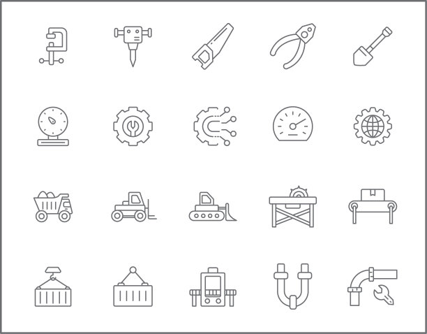一套劳动和建筑图标的线条风格。图片下载