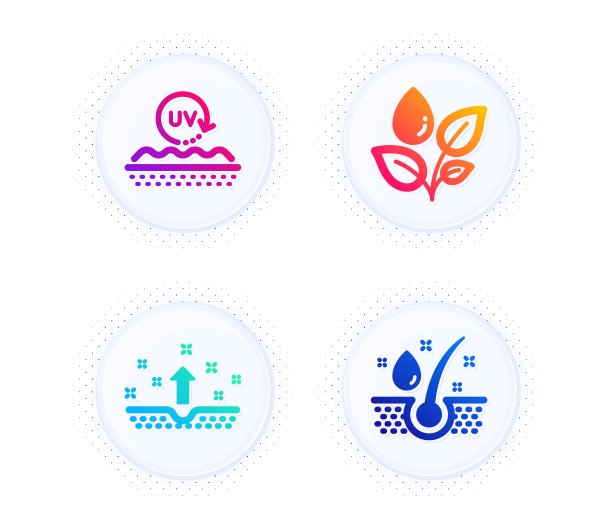 清洁皮肤，紫外线保护和植物浇灌图标集。血清中石油签署。化妆品，护肤霜，水滴。向量图片下载