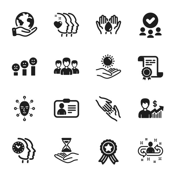 一组人物图标，如客户满意度，帮助之手，时间管理。向量图片下载