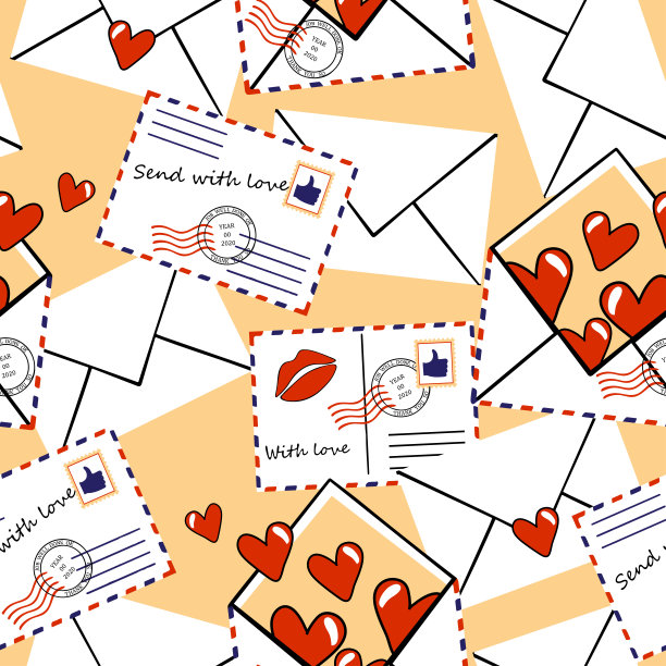 无缝矢量模式与复古信封在浅粉色的背景。浪漫信息墙纸设计与爱的心。情人节时尚纺织品。图片下载