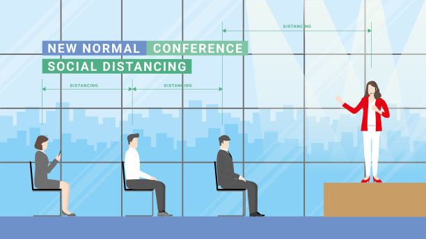 社会距离概念。在会议厅举行业务介绍会议。人们分开坐着听演讲者讲话。矢量插图平面风格的最小想法。图片下载