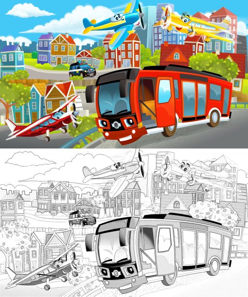 卡通场景素描的中心城市与汽车行驶的插图图片下载