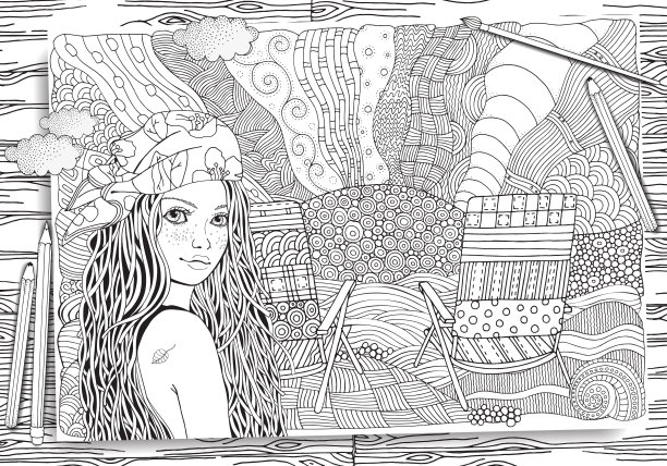 穿着大手帕的年轻漂亮的女孩。沙滩上的躺椅，面朝大海。涂鸦风格。黑白涂色书页为成人和儿童。图片下载