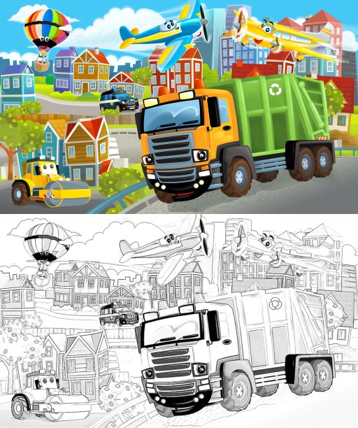 卡通场景素描的中心城市与汽车行驶的插图图片下载