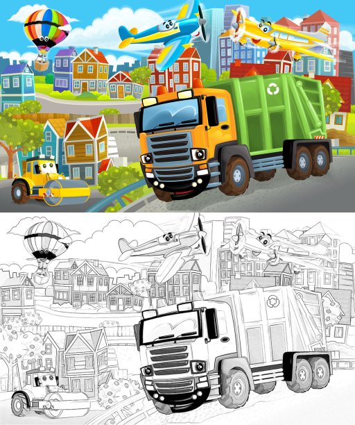 卡通场景素描的中心城市与汽车行驶的插图图片下载