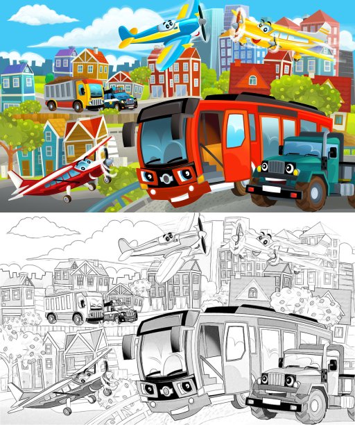 卡通场景素描的中心城市与汽车行驶的插图图片下载