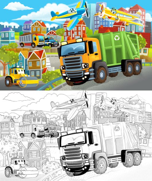 卡通场景素描的中心城市与汽车行驶的插图图片下载