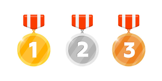 金牌，银牌，铜牌奖励第一，第二，第三名的数字和条纹丝带为电子游戏应用程序图标。奖金成就奖。获奖者奖杯孤立的平面矢量插图图片下载