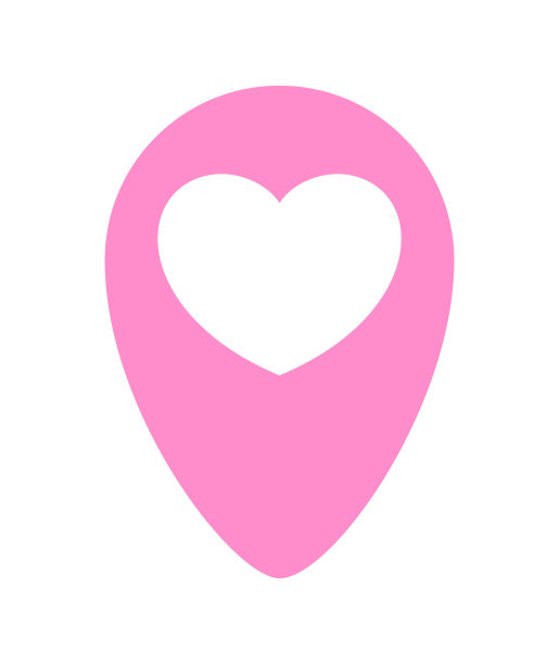 心形图标在粉红色别针点孤立在白色，指针白色心形为位置标记，可爱的心形简单的别针点符号，别针指针为爱的位置或方向的想法图片下载