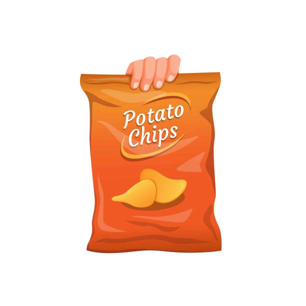 薯片的零食。手抓大包装土豆零食符号概念，在卡通插图矢量孤立在白色背景图片下载