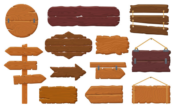 木板。乡村木招牌，空横幅，悬挂广告牌和复古木标志矢量插图图标集图片下载