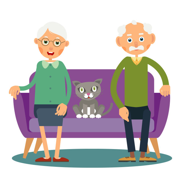 沙发上坐着老太太、男人和猫图片下载