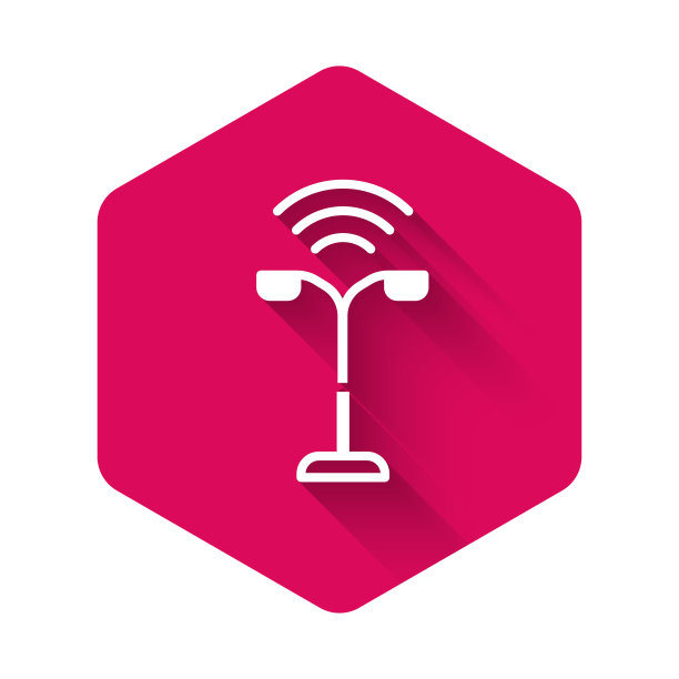 白色智能路灯系统图标孤立与长影子。物联网概念与无线连接。粉红色的六角按钮。向量图片下载