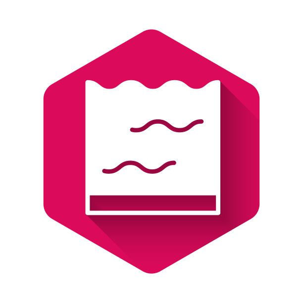 白色水族馆图标孤立与长影子。水族馆为家庭和宠物。粉红色的六角按钮。向量图片下载