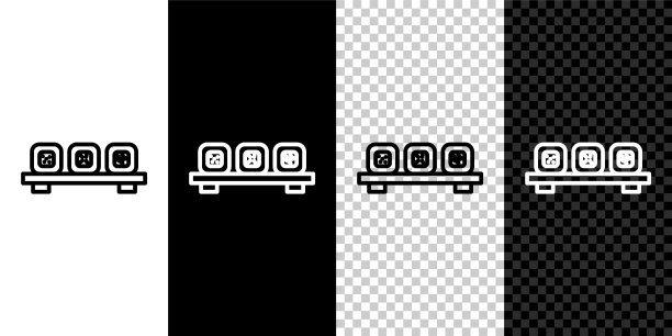 设置线寿司切割板图标孤立在黑白背景上。亚洲食物寿司放在木板上。向量图片下载