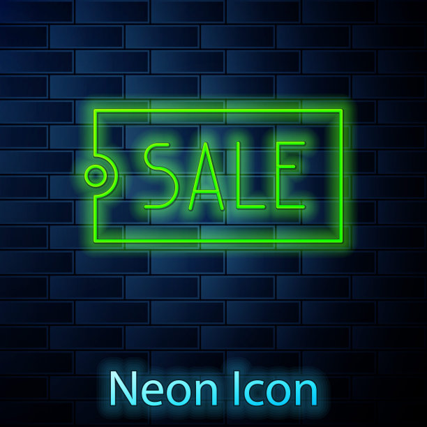 发光的霓虹灯线价格标签与碑文销售图标孤立在砖墙的背景。徽章的价格。折扣促销标签。矢量图图片下载