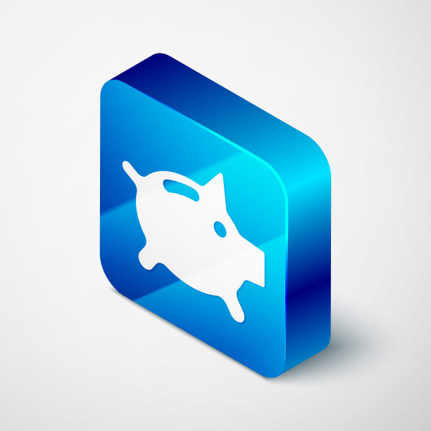 等距存钱罐图标孤立在灰色背景。图标储蓄或积累金钱，投资。蓝色方块按钮。向量图片下载