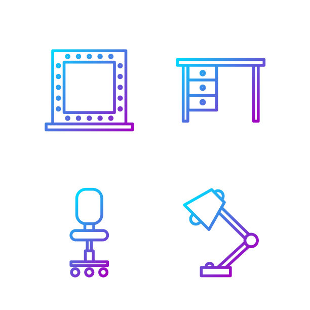 设置线台灯，办公椅，化妆镜，带灯，办公桌。渐变颜色图标。向量图片下载