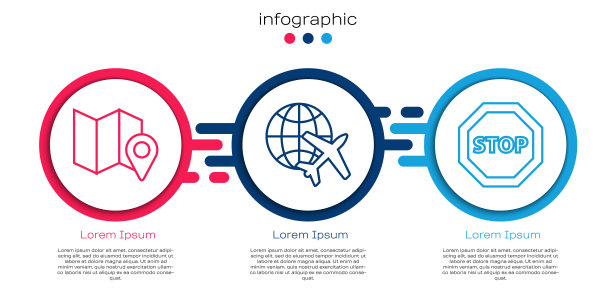 设置线折叠地图与位置标记，地球仪与飞行飞机和停止标志。业务信息模板。向量图片下载