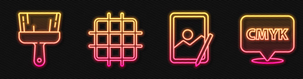 用文字CMYK设置线条画板、画笔、网格图纸和语音泡。发光的霓虹灯图标。向量图片下载