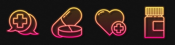 设线心与十字架，与医生对话，药丸或药片和药瓶。发光的霓虹灯图标。向量图片下载