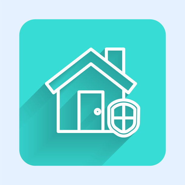 白线保护下的房子图标孤立与长影子。家和盾牌。保护、安全、保障、保护、防御的理念。绿色广场按钮。矢量图图片下载