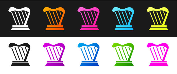 设置竖琴图标隔离在黑色和白色背景。古典乐器，管弦乐队弦乐器的原声元素。向量图片下载