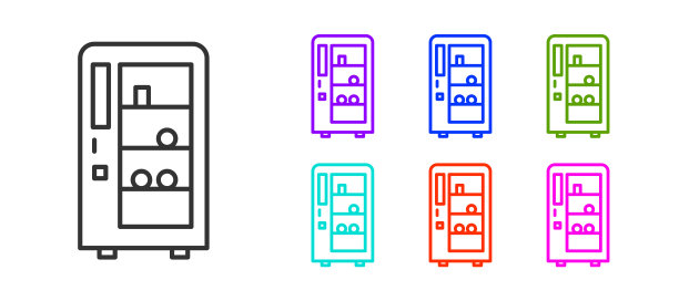 黑线自动售货机的食品和饮料自动销售图标隔离在白色背景。设置图标丰富多彩。向量图片下载