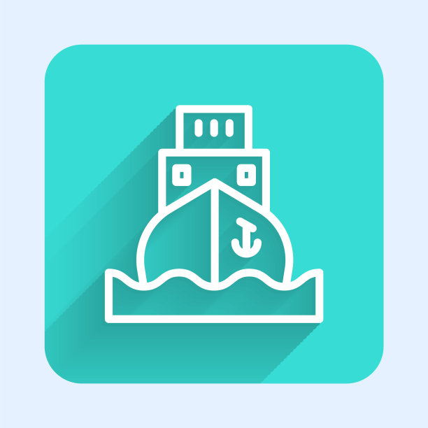 白色线条货船图标孤立与长阴影。绿色方形按钮。向量图片下载