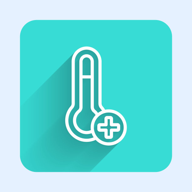 白线气象温度计测量图标孤立与长阴影。显示冷热天气的温度计设备。绿色广场按钮。向量图片下载