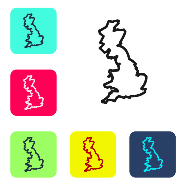 黑线英格兰地图图标孤立在白色背景。设置图标的颜色方形按钮。向量图片下载