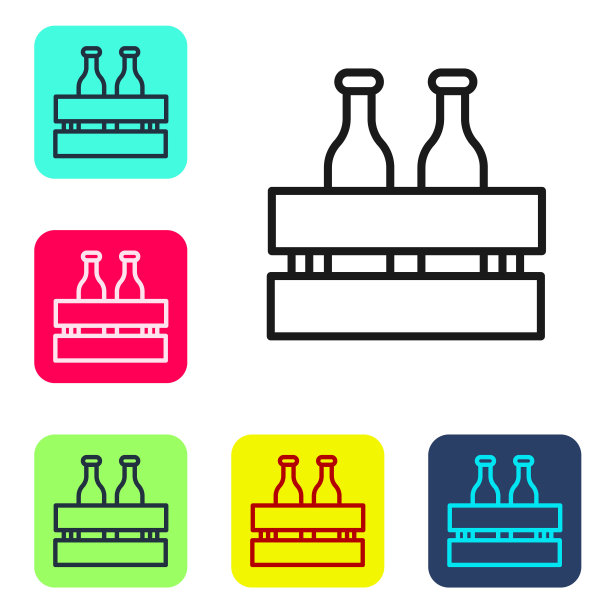 黑色线包装啤酒瓶图标孤立在白色背景。木箱和啤酒瓶。箱箱啤酒箱标志。设置图标的颜色方形按钮。矢量图图片下载