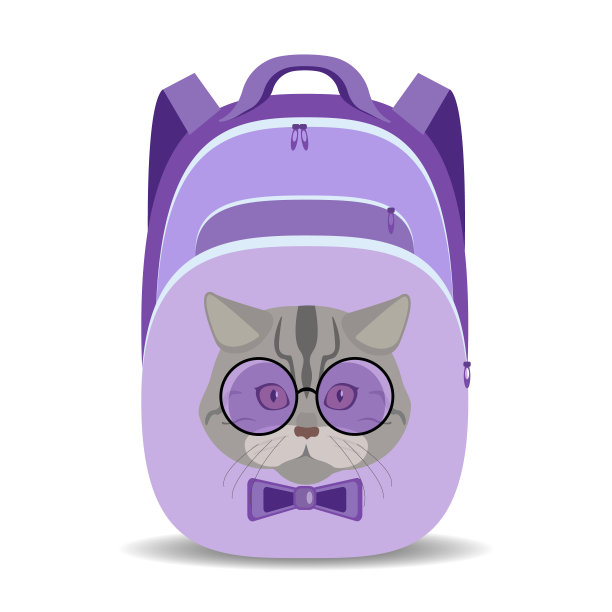 现代青年的紫色背包上有一只戴眼镜的猫的照片。书包孤零零地放在白色背景上。回到学校。元素的设计图片下载