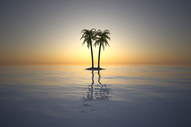 抽象的景观与树岛在天空和太阳前面的海洋图片下载