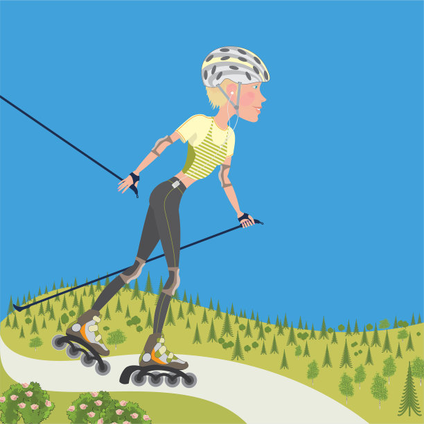 一个穿着旱冰鞋的年轻女子站在群山的背景上图片下载