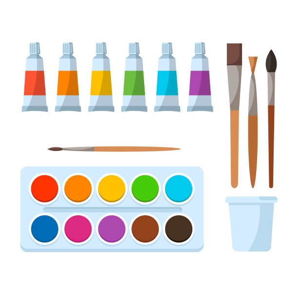 绘画工具元素卡通彩色矢量集孤立在白色。艺术用品，玻璃水，画笔，容器水彩。图片下载