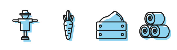 设置线木制盒子与收获，稻草人，胡萝卜和滚动的干草图标。向量图片下载