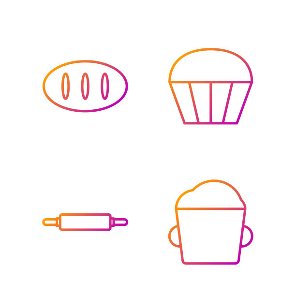 集面包碗、擀面棍、面包条、松饼等系列。渐变颜色图标。向量图片下载