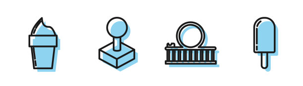 云霄飞车，华夫蛋筒冰淇淋，游戏机操纵杆和冰淇淋图标。向量图片下载