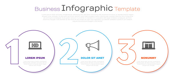 设置线笔记本电脑屏幕高清视频技术，扩音器和在线购买电影票。业务信息模板。向量图片下载
