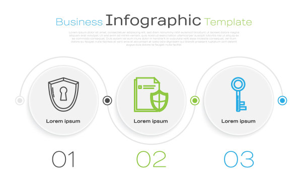 设置带锁孔的线盾，文件保护概念和键。业务信息图模板。向量图片下载