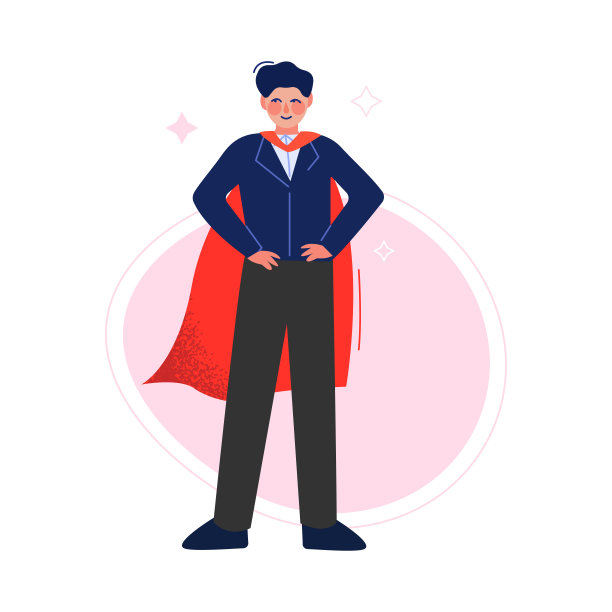 超人在红色挥舞斗篷站在他的腰上，成功的超级英雄商业人物性格，领导能力，挑战目标成就矢量插图图片下载